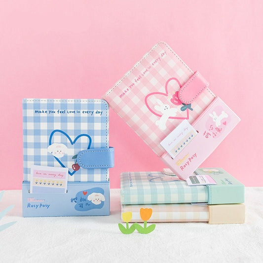 Magnetic Buckle Leather Grid Planner - Blue A6 Notebook with cute cherry and heart design, perfect for organizing and planning in kawaii style.