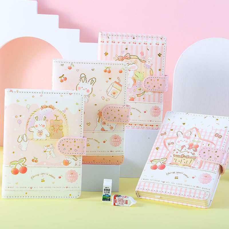 Pink Cherry Sauce A6 Journal with Magnetic Buckle featuring adorable kawaii designs, charming cherry motifs, and a pastel color scheme.