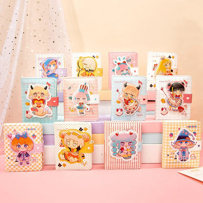 Kawaii Zodiac Leather Journal with Magnetic Buckle Design featuring various colorful and adorable zodiac character illustrations.