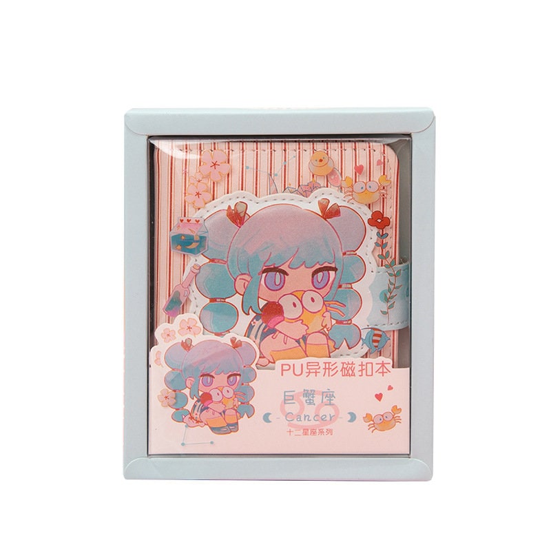 Zodiac Leather Journal - Magnetic Buckle Design featuring a cute Cancer zodiac anime character with blue hair, pink and blue accents, floral and star patterns. Kawaii stationery.