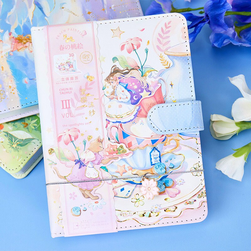 Peach leather journal with bookmark and 3D pages featuring a whimsical pastel design, including cute cats, flowers, and tea party elements; perfect for kawaii stationery lovers.