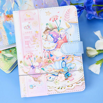 Peach leather journal with bookmark and 3D pages featuring a whimsical pastel design, including cute cats, flowers, and tea party elements; perfect for kawaii stationery lovers.