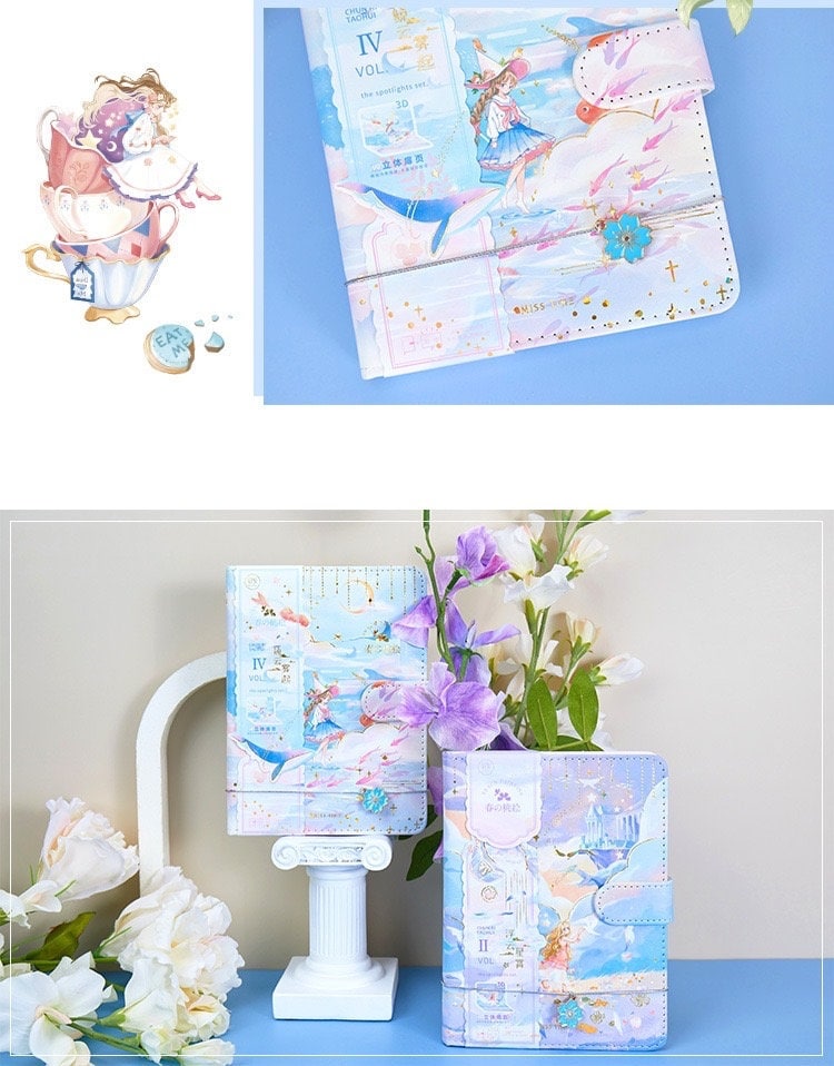 Peach Leather Journal with Bookmark and 3D Pages featuring whimsical anime-inspired illustrations, pastel colors, floral accents, and gold embellishments. Ideal for note-taking, journaling, and creative writing.