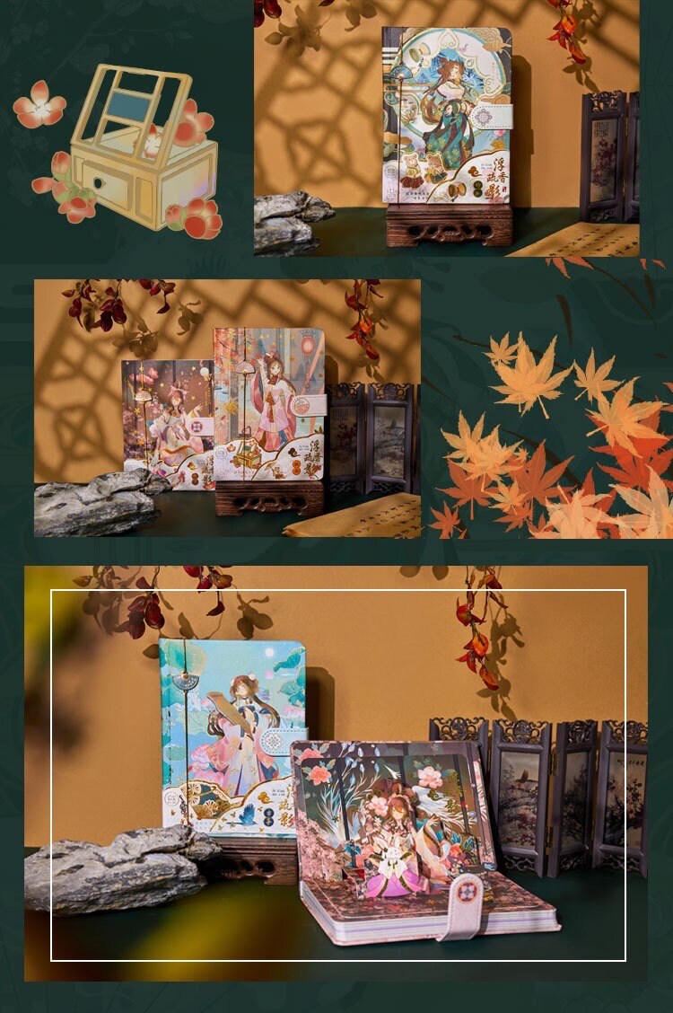 Anime Beauty Hard Cover Journal with Metal Bookmark in various positions, featuring elaborate anime-style artwork on the cover, surrounded by autumn leaves and decorative elements.