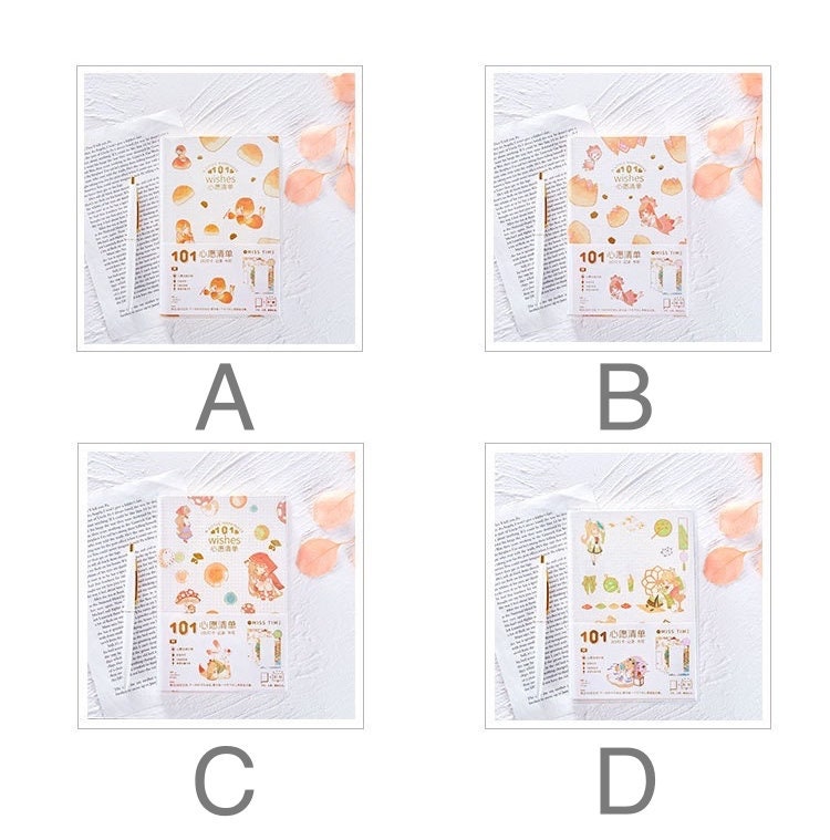 Once Upon a Time Crystal Cover Journal in four designs, labeled A, B, C, and D, each featuring different kawaii-style illustrations on a white background with pink petals.