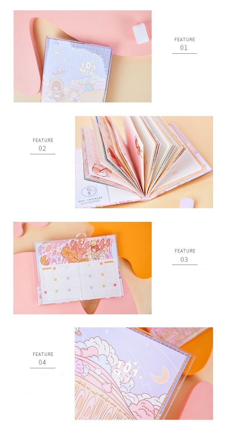 Orange Star Crystal Cover Journal - 192 Pages featuring kawaii star theme, open to show colorful and vibrant interior pages, calendar layout, and whimsical celestial illustrations. Perfect for cute stationery collectors.