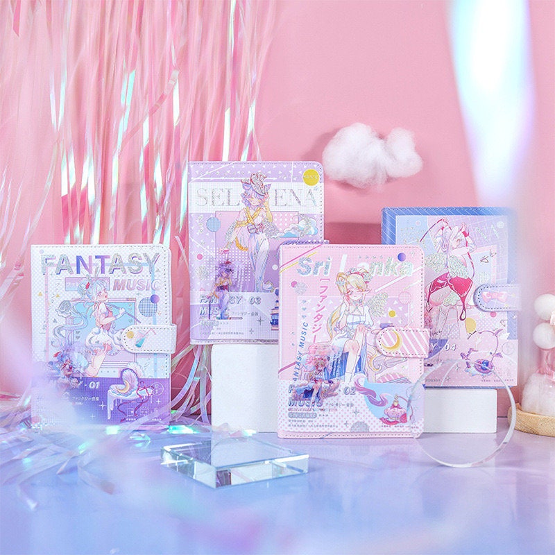 Music Fantasy 3D Journal - A5 Leather Cover Notebooks in pastel colors with anime illustrations, showcasing fantasy theme, arranged on a pink background with decorative elements.