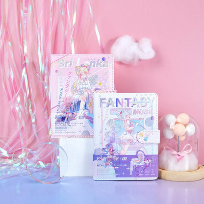 Music Fantasy 3D Journal - A5 Leather Cover Notebooks with Kawaii Design in Pink and Purple, Cute Anime Character Illustration, Ideal for Writing and Drawing, Perfect for Stationary Lovers