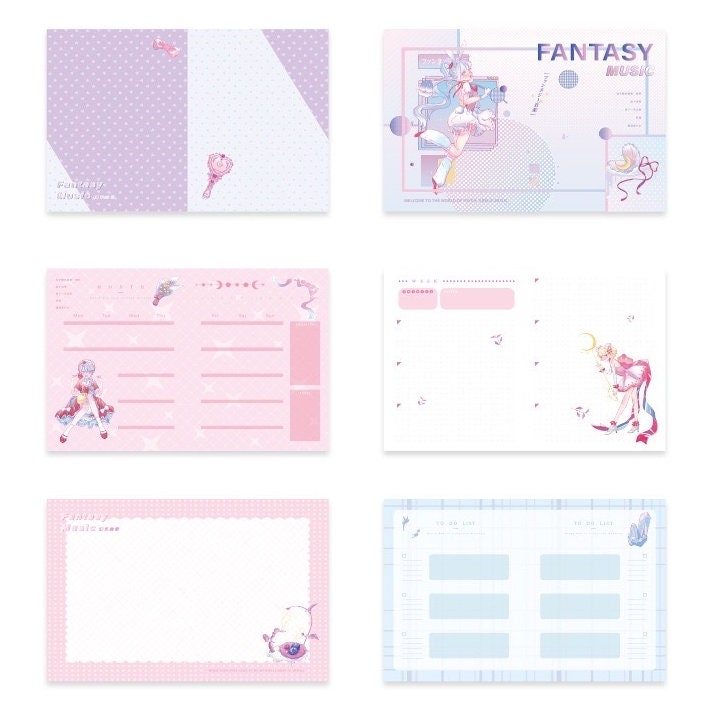 Music Fantasy 3D Journal - A5 Leather Cover Notebooks featuring pastel-colored pages with kawaii music-themed illustrations, ideal for planners and note-taking.