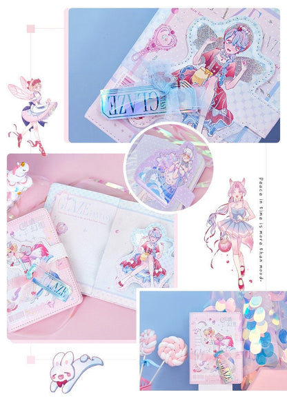 Milkyglass Pink Magnetic Leather Journal with Kawaii Fairy Illustrations - 224 Pages, Cute Stationery for Kids and Teens, Featuring Anime Characters, Glossy Cover, and Decorative Stickers