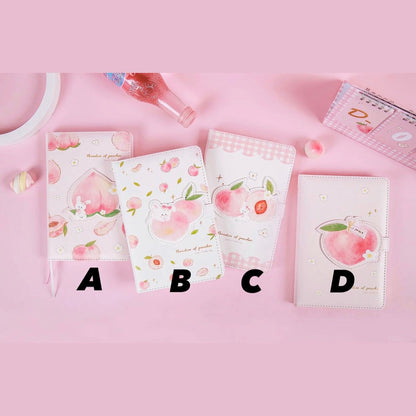 Peach Magnetic Buckle Leather Journal - 228 Pages in four kawaii designs labeled A, B, C, and D, featuring cute pastel peach illustrations and magnetic buckle closures.