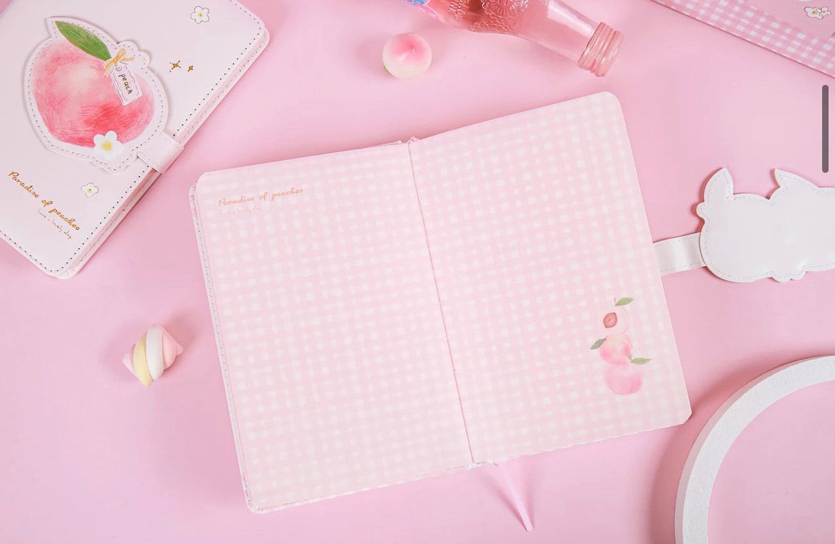 Peach Magnetic Buckle Leather Journal with 228 Pages opened to reveal pink, checkered pages, surrounded by peach-themed accessories on a pink background.