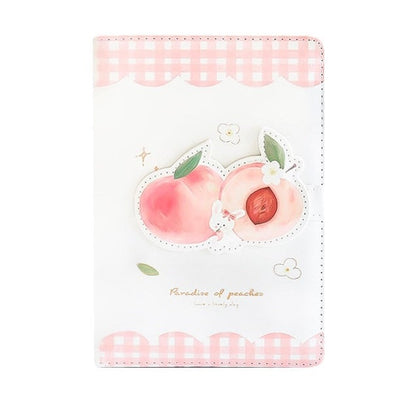 Peach Magnetic Buckle Leather Journal with 228 Pages featuring cute peach illustration and pink gingham pattern border, perfect for kawaii stationery lovers.