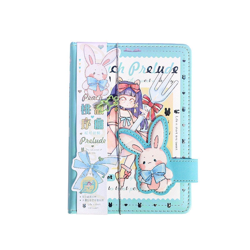 Peach Prelude Leather Journal with Magnetic Buckle - Cute Kawaii Stationery featuring Blue Rabbit and Anime Character Illustrations