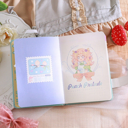 Peach Prelude Leather Journal with Magnetic Buckle open displaying cute illustrated pages featuring kawaii anime character and pastel designs.