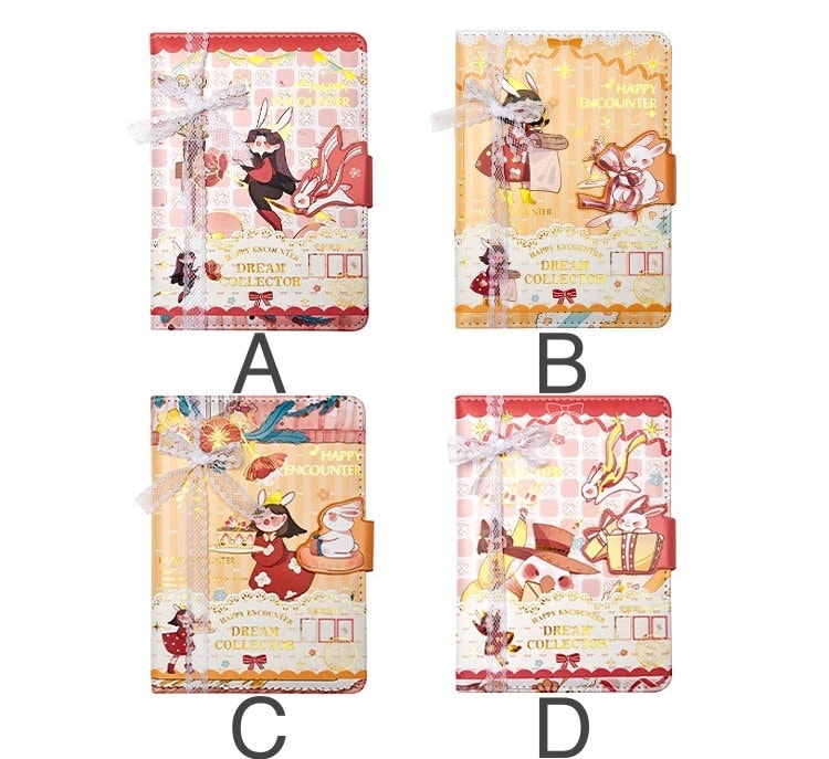 Dream Collector Magnetic Leather Notebook with Bookmark in Four Designs. A: Pink-red rabbit and tea party theme, B: Yellow rabbit and gift theme, C: Blue flying bird and rabbit theme, D: Red rabbit and magician theme. Kawaii stationery.