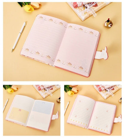 Dream Collector Magnetic Leather Notebook with Bookmark featuring kawaii-style designs, open on a beige desk with a white pen, tulip flowers, and decorative items, showcasing lined and decorative pages.