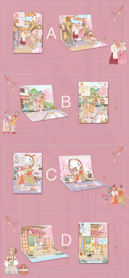 Cherry Blossom Planner - Soft Leather, Magnetic Buckle, illustrated with various kawaii cherry blossom and traditional Asian scenic designs in four variations (A, B, C, D), showcasing vibrant characters and outdoor themes.