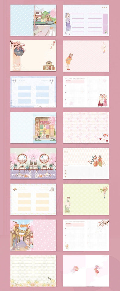 Cherry Blossom Planner pages, showcasing soft leather cover with magnetic buckle, featuring kawaii-style illustrations of cherry blossoms, pastel backgrounds, and decorative designs for better organization.