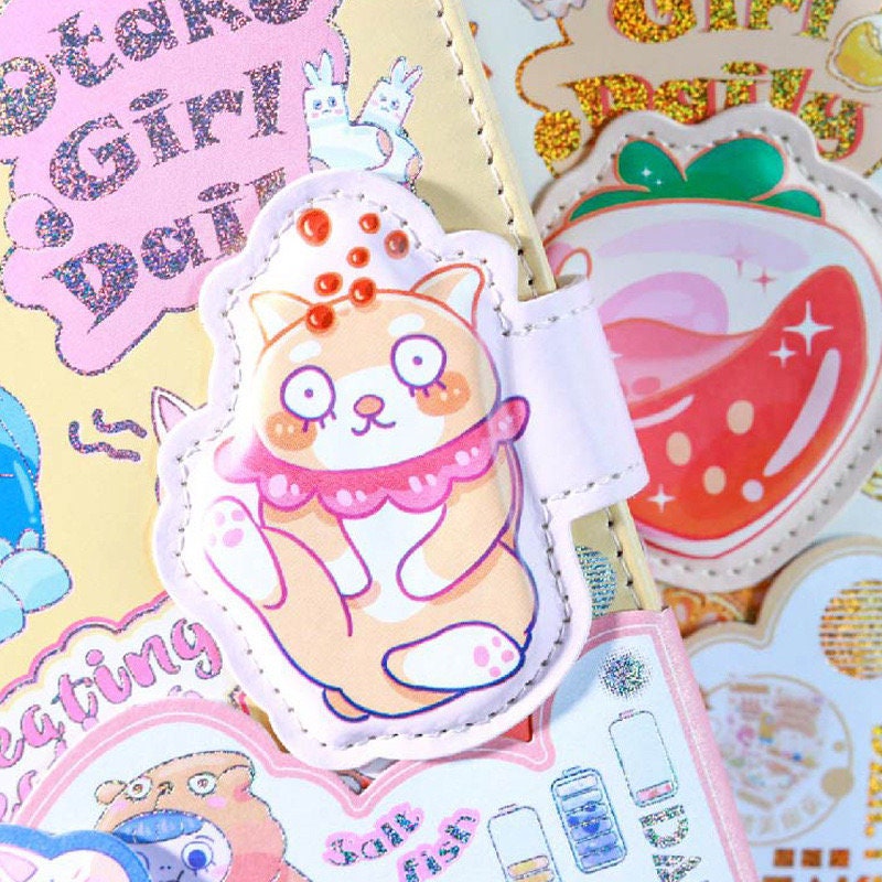 Otaku Girl Leather Journal with 3D Pages featuring cute cat and strawberry design, kawaii stationery with glitter accents and fun details.