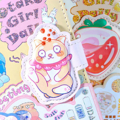 Otaku Girl Leather Journal with 3D Pages featuring cute cat and strawberry design, kawaii stationery with glitter accents and fun details.