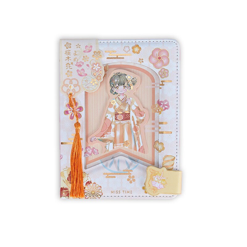 Cherry Blossom Girl Magnetic Buckle Hardcover Notebook with kawaii anime-style girl cover, floral pattern, and orange tassel bookmark