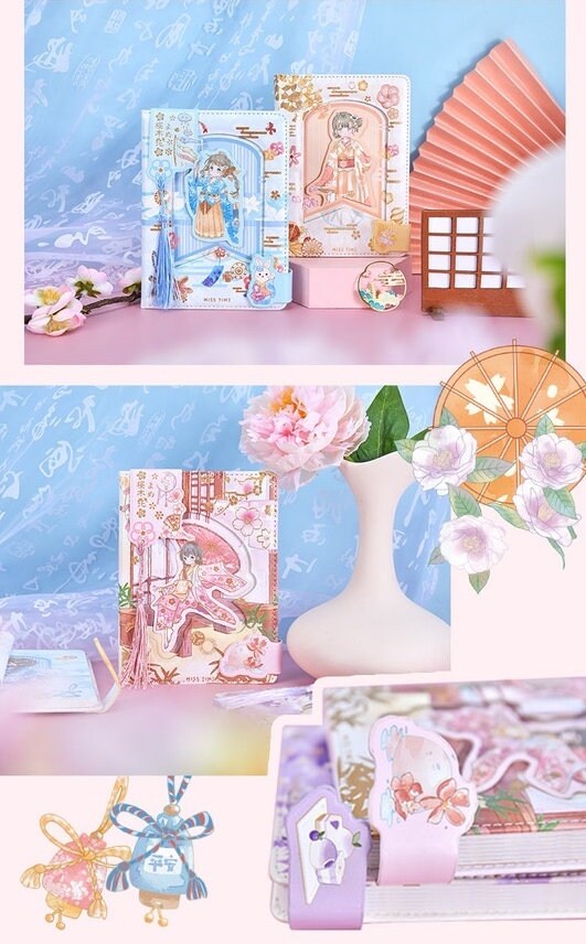 Cherry Blossom Girl Magnetic Buckle Hardcover Notebook in kawaii style with pastel-colored covers featuring cute girl illustrations, cherry blossoms, and Japanese-themed designs against a soft blue and pink background with flowers and decorative elements.