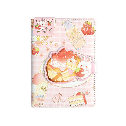 Kawaii Summer Sundae Leather Journal with Magnetic Buckle featuring cute illustrations of a bunny, strawberries, and sweets on a pink checkered background.