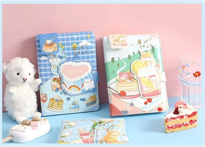 Summer Sundae Leather Journal with Magnetic Buckle in kawaii style, featuring adorable dessert-themed illustrations in pastel colors.