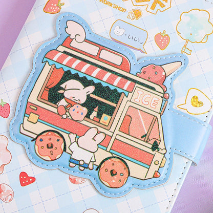 Ice Cream Van Leather Journal with Magnetic Buckle in kawaii style featuring cute animal characters and ice cream truck illustration, perfect for stationery lovers.