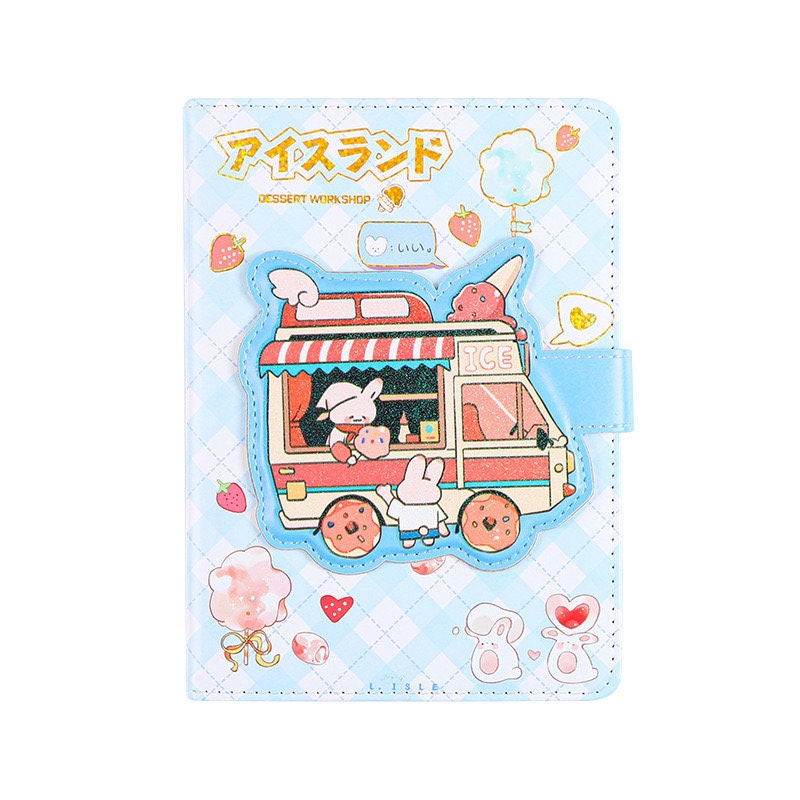 Ice Cream Van Leather Journal with Magnetic Buckle featuring a kawaii dessert shop design, cute characters, and a pastel blue background.