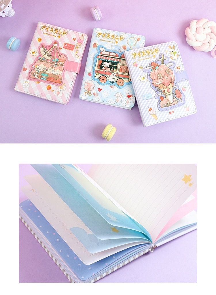 Kawaii Ice Cream Van Leather Journal with Magnetic Buckle, pastel-colored with cute designs, open pages featuring colorful and lined stationery, surrounded by macaron and marshmallow props.