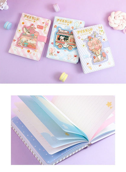 Kawaii Ice Cream Van Leather Journal with Magnetic Buckle, pastel-colored with cute designs, open pages featuring colorful and lined stationery, surrounded by macaron and marshmallow props.