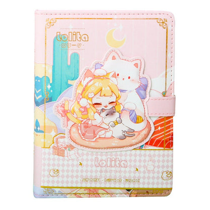 Pink Lolita leather journal with magnetic buckle, featuring kawaii anime design with cats and cute girl on the cover, perfect for journaling or note-taking.