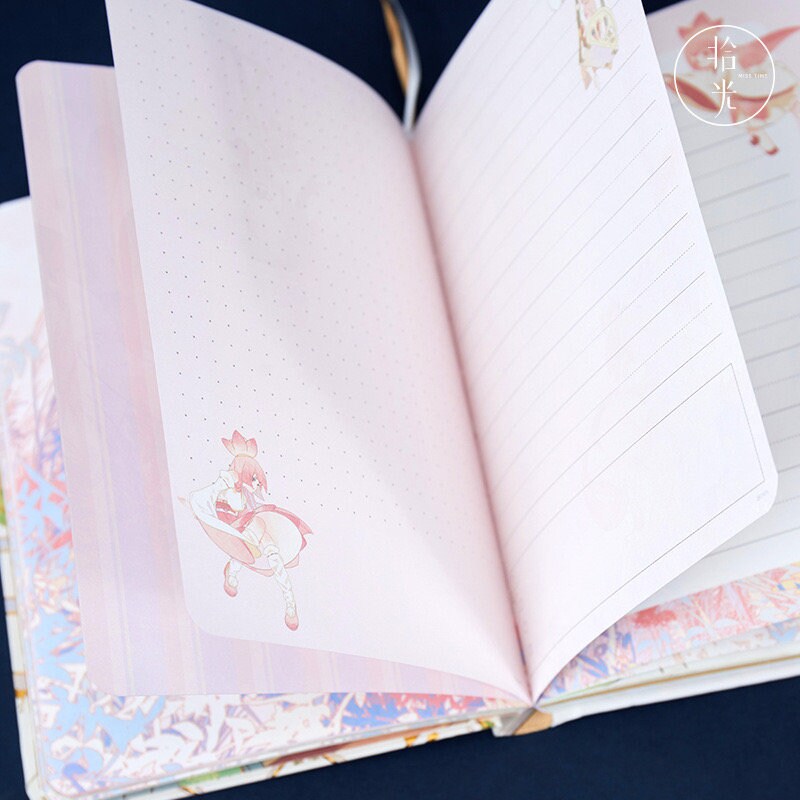 Anime Hard Cover Journal with Metal Bookmark featuring pink interior pages with lined and dotted designs.