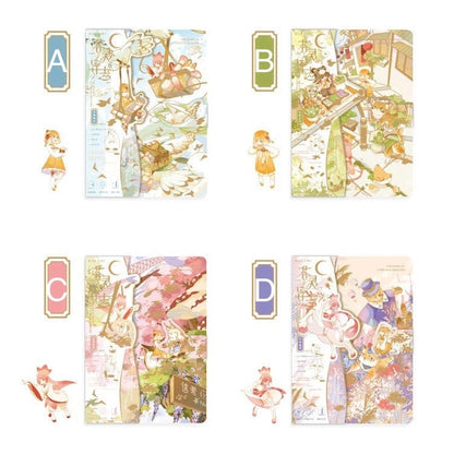 Anime Hard Cover Journal with Metal Bookmark in four designs, labeled A, B, C, and D, featuring whimsical and detailed illustrated covers with pastel colors and enchanting characters.