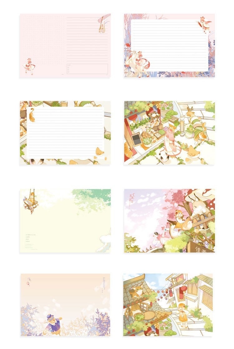 Anime Hard Cover Journal with Metal Bookmark featuring various kawaii-themed illustrations on every page, including cute animals, pastel backgrounds, and whimsical scenes.