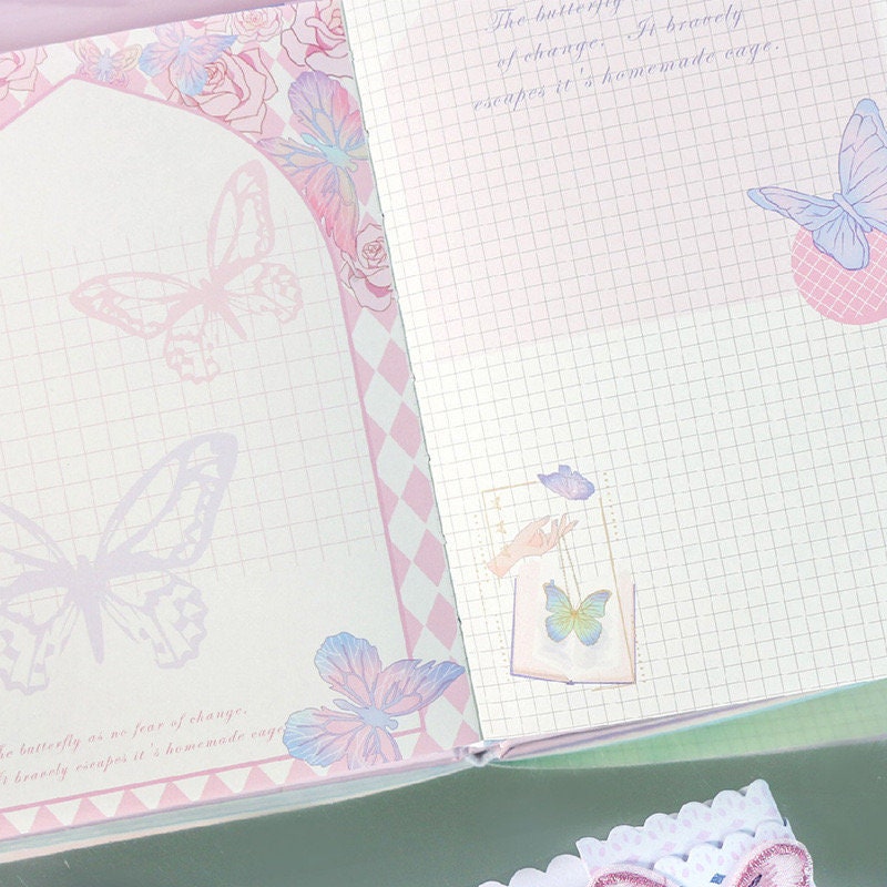 Butterfly Fairyland Leather Journal with Bookmark featuring pastel butterfly designs, grid paper, and floral decorations.