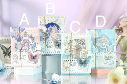 Butterfly Fairyland Leather Journal with Bookmark offered in four cover designs labeled A, B, C, and D, featuring pastel colors, whimsical fairy illustrations, and decorative butterfly motifs.