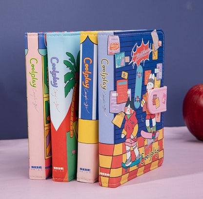 Coolplay A6 Magnetic Leather Journal - Blue, featuring a vibrant, colorful cover with playful cartoon designs, perfect for kawaii-style stationery enthusiasts.