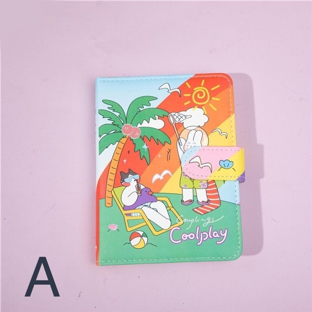 Coolplay A6 Magnetic Leather Journal in Blue with a colorful cover featuring a playful beach scene, palm tree, sun, and characters relaxing.