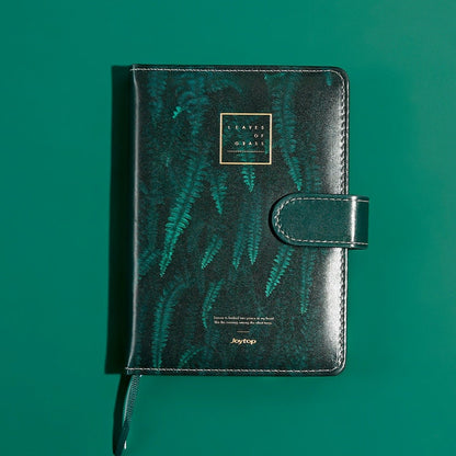 Tropical Leaf Journal with Magnetic Buckle, Green Leather Cover featuring leaf design, elegant and secure closure, perfect for notes and journaling.