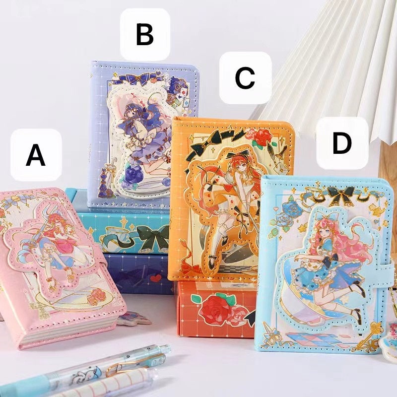 Kawaii A6 Shining Girl Leather Journal with Bookmark in four designs: A (pink and white), B (blue and white), C (orange and black), D (blue and pink). Adorned with cute anime girl artwork, perfect for writing and organizing notes in kawaii style.