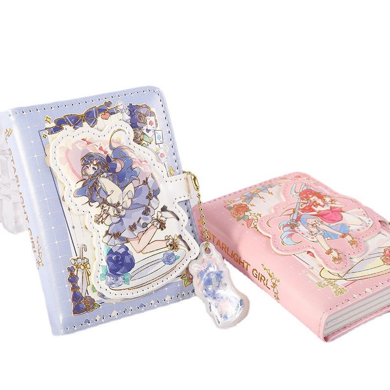 Kawaii A6 Shining Girl Leather Journal with Bookmark - cute stationery in blue and pink with anime-style girl illustrations, decorative elements, and charm bookmark.