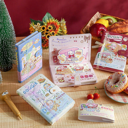 Magnetic Buckle Leather Journal - Bunny and Doggie Design featuring kawaii bunny and dog illustrations, displayed on a wooden table with festive decorations, fruit basket, and a donut.