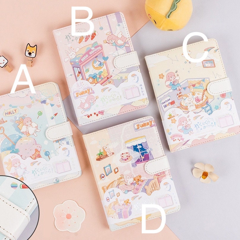 Sweet Dream Leather Journal for Girls with Magnetic Buckle in four kawaii designs featuring adorable illustrations, pastel colors, and cute characters.