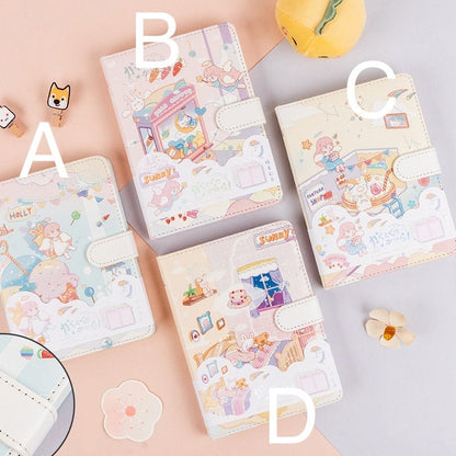 Sweet Dream Leather Journal for Girls with Magnetic Buckle in four kawaii designs featuring adorable illustrations, pastel colors, and cute characters.