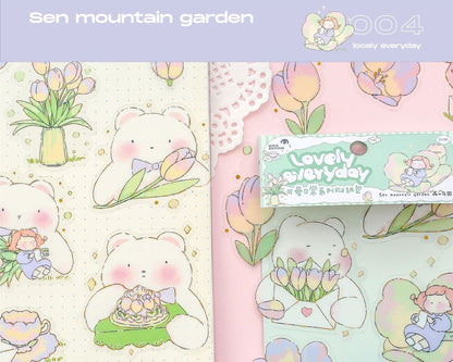 Lovely Plant and Flower Sticker Set - 30 Pieces featuring adorable bears holding flowers, vases with tulips, and cute characters in pastel colors, perfect for decorating planners, journals, and scrapbooks.