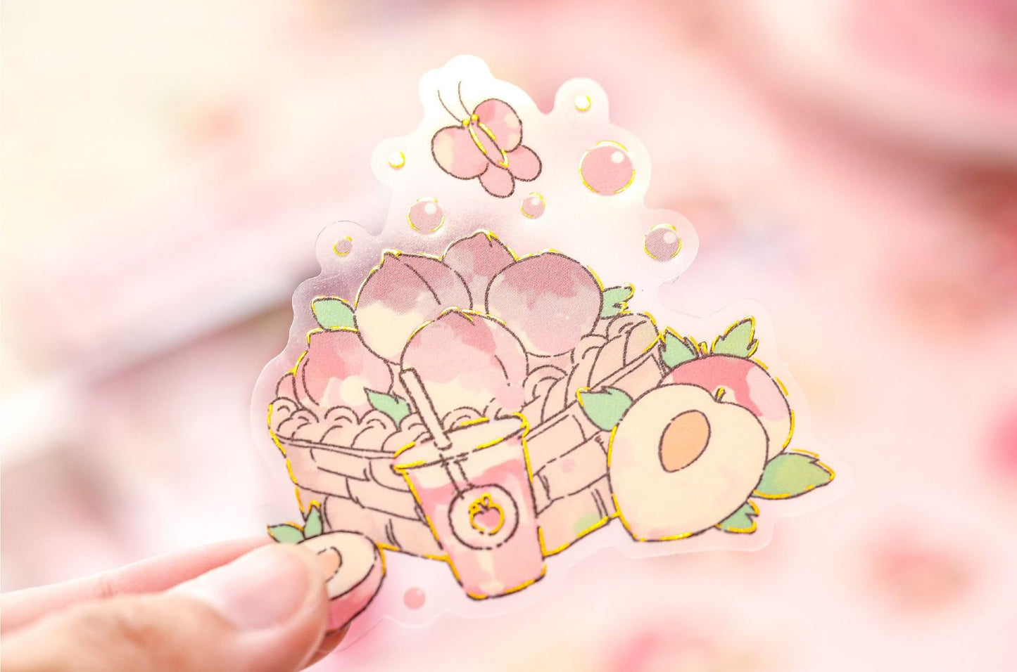 Kawaii plant and flower sticker featuring a basket of peaches and a peach drink with a butterfly, from the Lovely Plant and Flower Sticker Set - 30 Pieces.