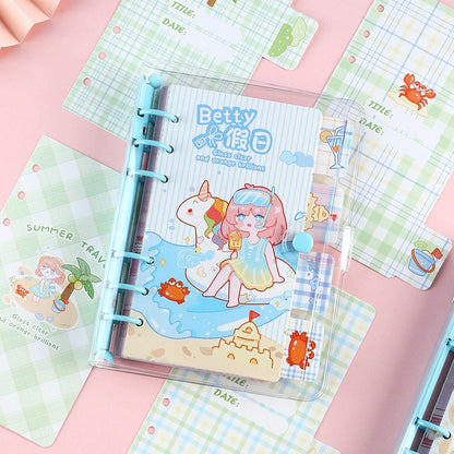 Betty's Vacation B6 Loose Leaf Planner featuring kawaii summer theme with cute illustrations, unicorn, ice cream, and pastel colors.